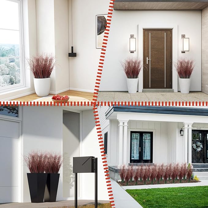 48Pcs Artificial Grass Plants, Faux Shrubs Wheat Grass, Artificial Tall Grasses Fake Plants for Outdoor Decor,Artificial Greenery Stems Weed for Room Indoor Home Decor(Red)