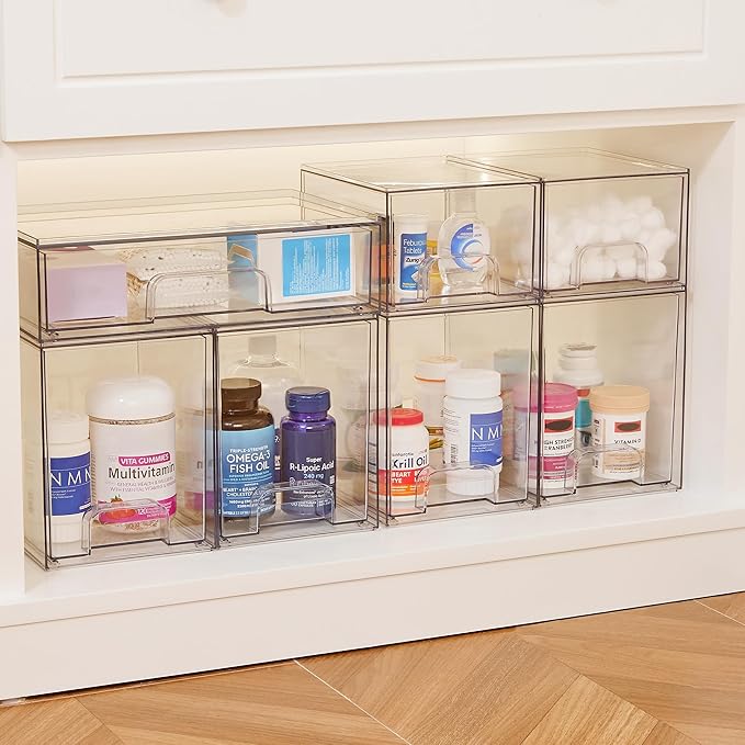 Vtopmart 7.6" H Clear Stackable Storage Drawers, 4 Pack Plastic Organizers Bins for Skincare, Cosmetics,Beauty Supplies,Ideal for Vanity, Bathroom,Kitchen Countertop,Cabinet Organization