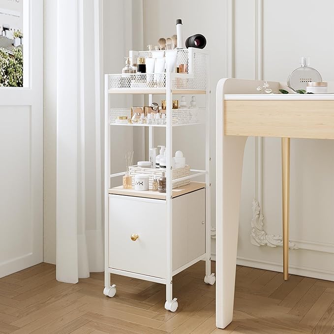 Floor Makeup Organizer Cart, Narrow Floor Skincare Organizers and Storage with Drawers, Bathroom Vanity Organizer Cosmetics Display Cases Holder for Skin Care Nail Polish Perfume Makeup Brush (White)