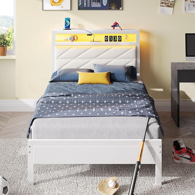Seventable Bed Frame Twin Size with Charging Station, LED Bed with Upholstered Storage Headboard, Metal Platform Bed with Under Bed Storage, No Box Spring Needed, Noise Free, Easy Assembly, White