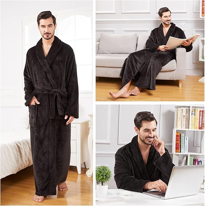 FashGudim Mens Robes Big and Tall Full Length Plush Fleece Long Robe for Men Bathrobe Shawl Collar Warm Winter House Robes
