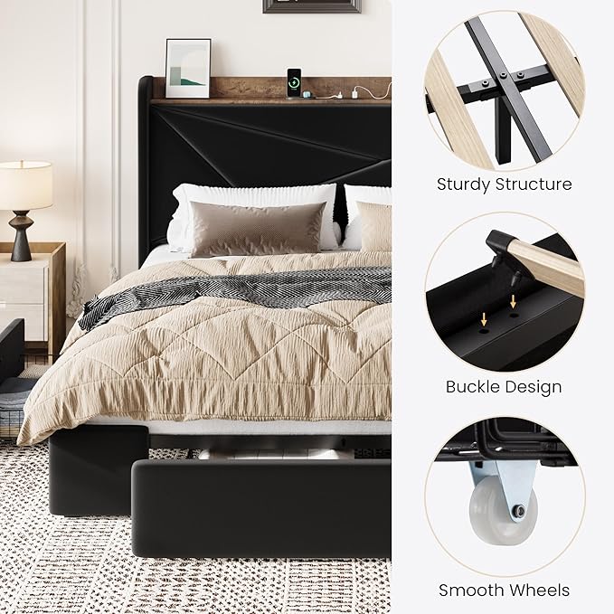 SHA CERLIN Full Size Bed Frame with 3 Drawers, USB & Type-C Charging Ports, Velvet Upholstered Platform Bed with Modern Geometric Wingback Storage Headboard, No Box Spring Needed, Easy Assembly, Black