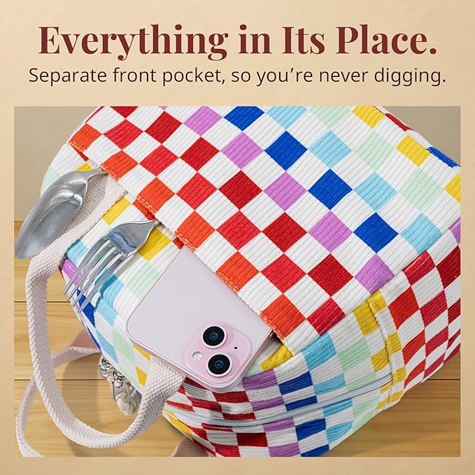 Insulated Lunch Bag for Women Men, Stylish Corduroy Tote Bag with Aluminum Lining, Large Capacity Reusable Cooler for Work, Travel, or Beach, Rainbow Plaid Lunch Box