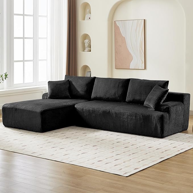 Sectional Cloud Couch for Living Room L Shaped Couch with 3 Seat Ind. Chaise Longue Corduroy Fabric Boneless Modular Modern Sofa with Pillows for Apartment and Small Space