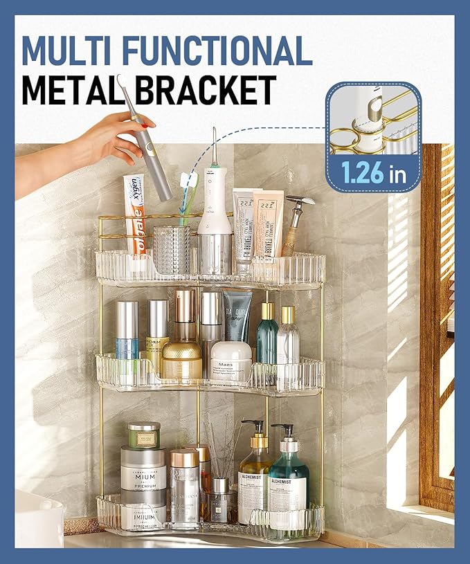 3-Tier Corner Bathroom Counter Organizer Makeup Cosmetic Storage, Tool-Free Installation Acrylic Vanity Shelf, Countertop Storage Organizers Perfume Tray for Bathroom, Dresser, Kitchen (Clear)