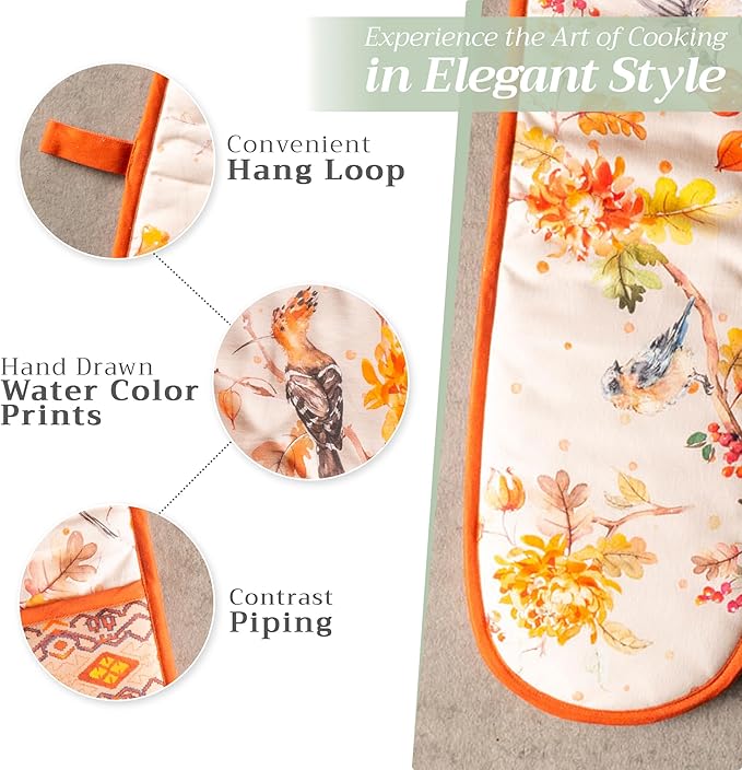 Maison d' Hermine Double Oven Mitt (7" x 35") 100% Cotton Heat Resistant BBQ Cooking Gloves with Loop for Thanksgiving Christmas Decorations Baking Cooking Barbeque Handling Hot Pan (Kelim - Prairie)