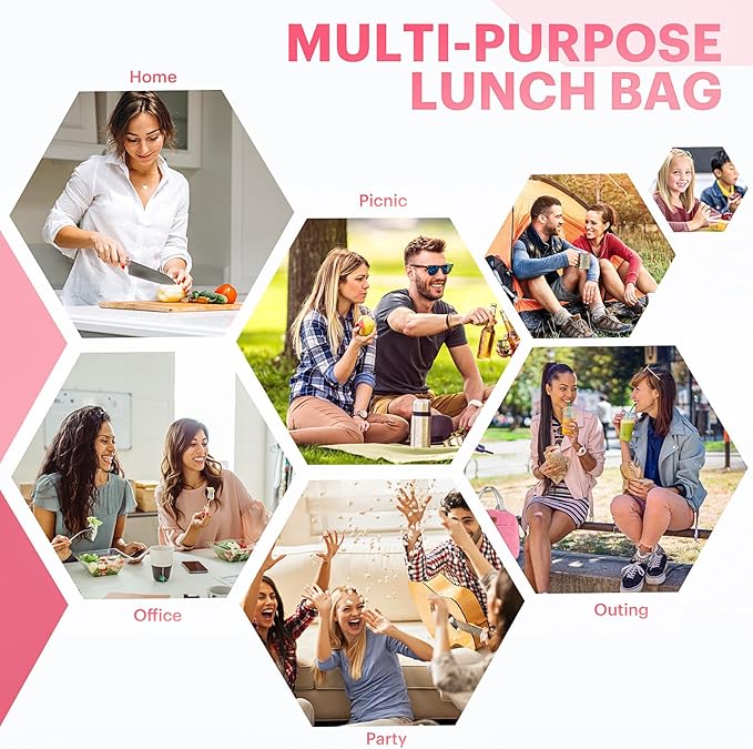 Lunch Bag for Women & Men Adult Insulated Lunch Box, Small Leakproof Cooler Food Lunch Containers Reusable High Capacity Lunch Tote Bags for Work, Travel, Outdoor (Pink)
