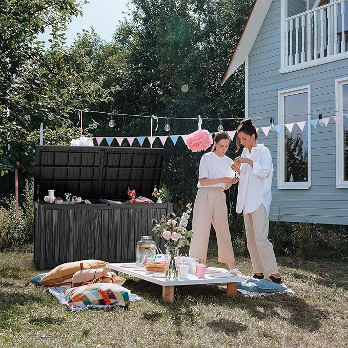 182 Gallon Deck Box Waterproof, UV Resistant Resin Outdoor Storage Box with Hydraulic Rod, Lockable Design and Enhanced Durability for Patio, Garden, and Poolside Use