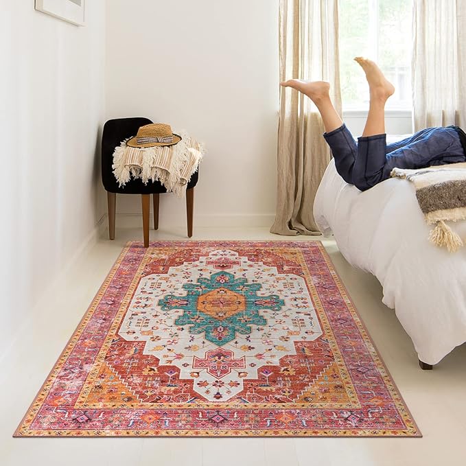 Moynesa Ultra-Thin Washable Vintage Area Rug - 5x7 Large Bedroom Boho Non-Slip Non-Shedding Living Room Mat Oriental Medallion Floor Carpet for Kids Nursery Room Office, Pink/Teal/Multi