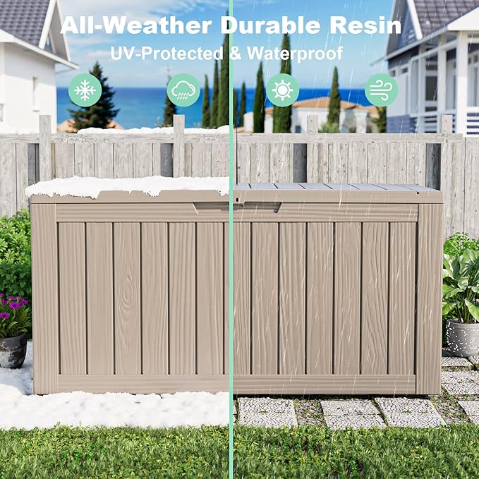 Vixzen 75 Gallon Resin Deck Box with wheels,Lockable Outdoor Storage Box for Patio Cushions Storage Furniture,Garden Tools,Weatherproof and UV Resistant- Grey