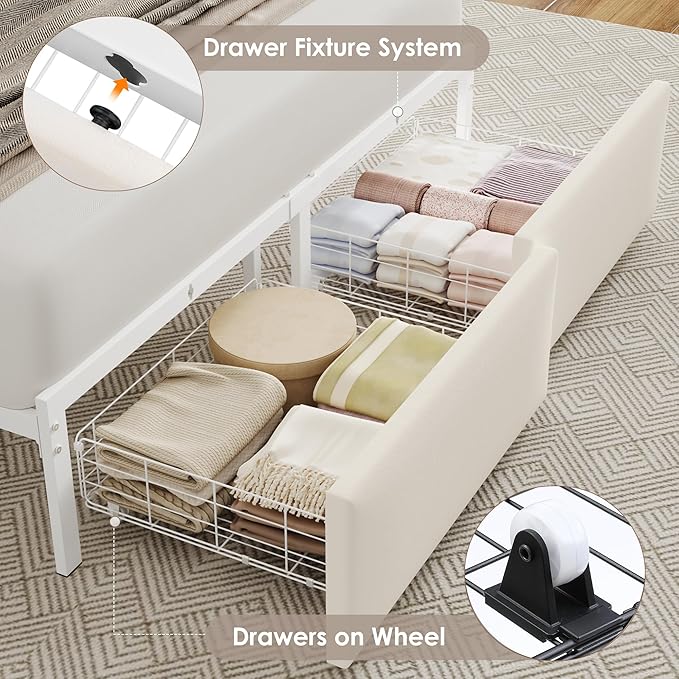 Keyluv Full LED Bed Frame with Storage Headboard & 2 Drawers, Upholstered Platform Bed with Charging Station & Bedside Storage Rack, Metal Slat Support, No Box Spring Needed, Velvet Fabric, White