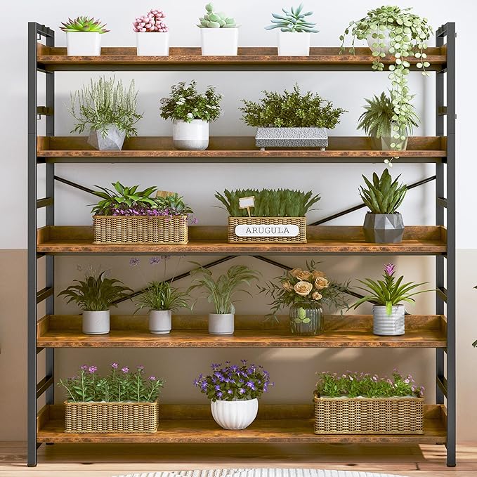 HCHQHS 5 Tier Bookshelf, Adjustable Industrial Bookcase, Vertical Tall Book Shelf, Wood and Black Metal Open Bookshelves for Home Office, Living Room, Bedroom