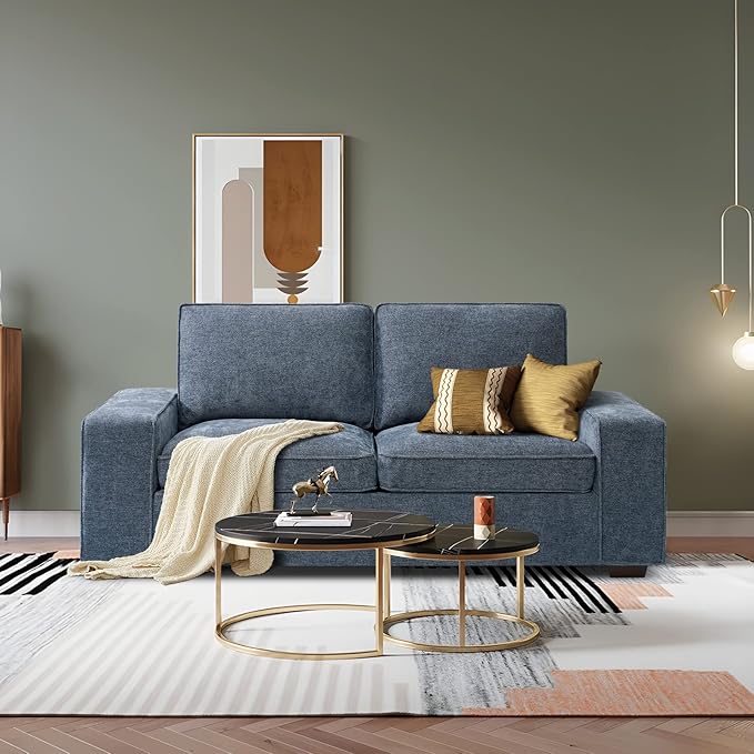 LEISLAND 71.25" Modern Sofas for Living Room, Small Sofas Couches for Small Spaces, Chenille Loveseat Couch with Solid Wood, Metal, Square Arm and Removable Cover/Easy to Install(Blue)