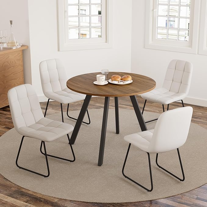 34.6'' Round Dining Table and Chairs for 4 Space Saving for Apartment Kitchen Dining Room (Walnut Table+4 U-Shaped White Chairs)