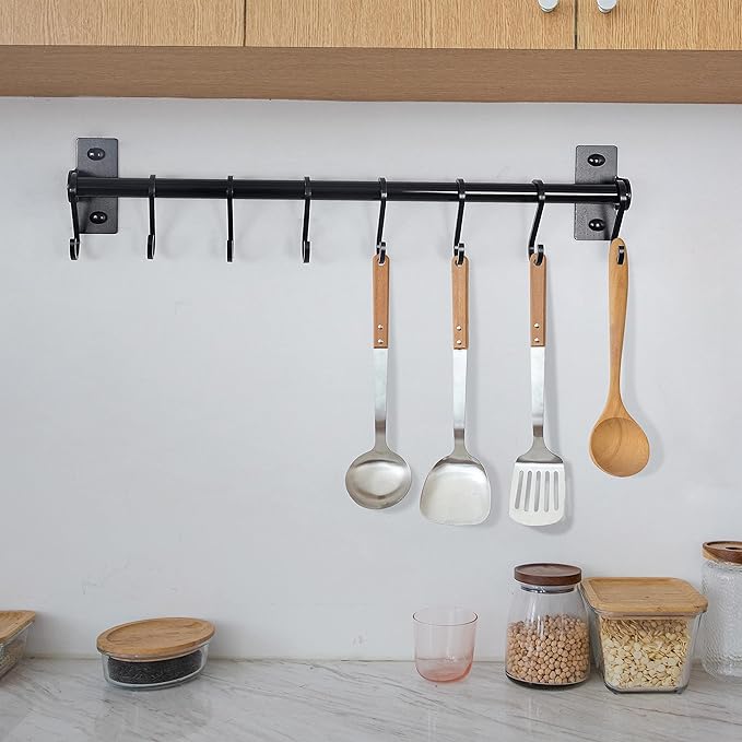 Dseap Kitchen Utensil Holder Hanger, Pot and Pan Rack Wall Mounted, Kitchen Rail with 8 Hooks for Hanging Cooking Utensils, Mugs, Spoons, Wall Mounted, Black
