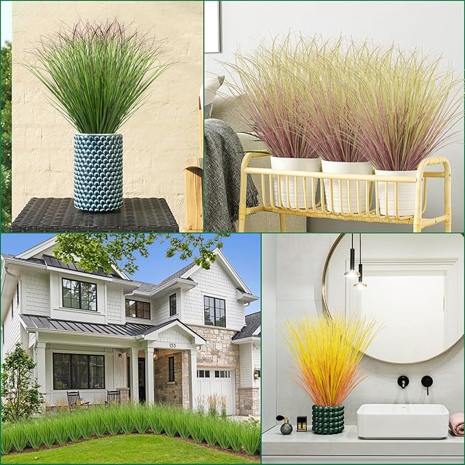 24Pcs Artificial Grass Plants, Faux Shrubs Wheat Grass, Artificial Tall Grass Fake Plants for Outdoor Decor,Artificial Greenery Stems Weed for Room Indoor Home Decor(Green Red Tail)