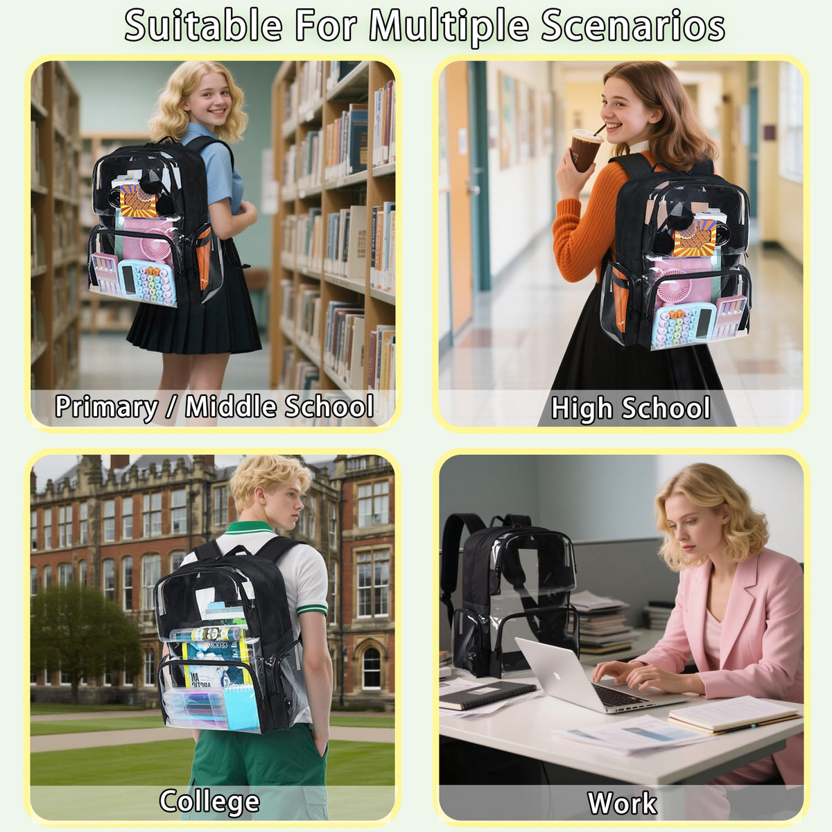 YOLIBON Clear Backpack Heavy Duty,18'' Large Clear Backpack with Multiple Pockets,See Through Bookbag for Boys & Girls,College Work Security,Black