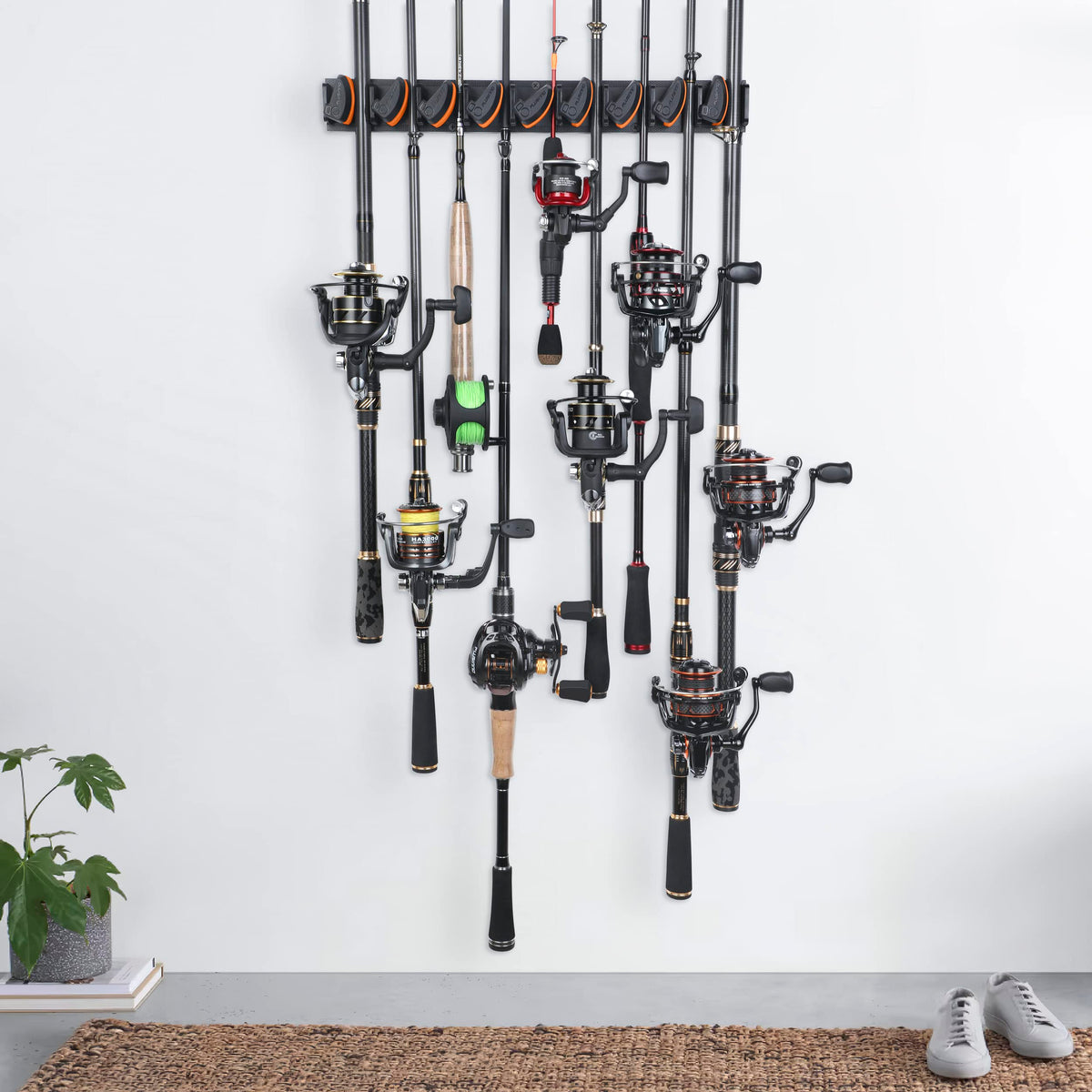 PLUSINNO V9 Vertical Fishing Rod Holders, Wall Mount 4-Pack - Holds 36 Rods, Diameter 3-19mm