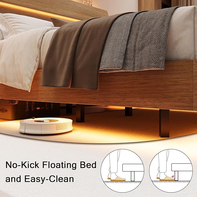 King Size Bed Frame with LED Headboard, Floating Bed Frame with Charging Station USB and V-Shaped Support, No Box Spring Needed, Noise Free, Easy Assembly, Walnut