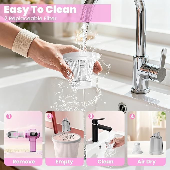 Pink Car Vacuum Cleaner,Portable Mini Cordless Small Handheld Vacuum Cleaner with LCD Display and Multi-Nozzles Powerful Hand Held Vacuums for Car,Pet Hair,Home,Office,Sofa,Keyboard