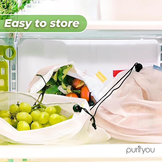 purifyou Set of 10 Reusable Mesh Produce Bags - Heavy Duty, Washable Farmers Market and Storage for Fruits, Vegetables, Groceries, Kitchen, and Home (Small)