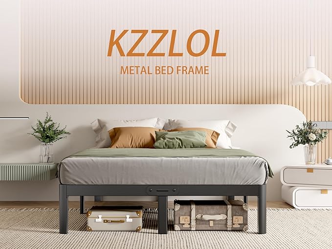 King Size Bed Frames 16 Inch, Metal Black King Bed Frame No Box Spring Needed, DIY Headboard Holes, Heavy Duty Steel Support 3500 LBS, Noiseless, Round Corner Leg, Storage Space, Easy Assembly