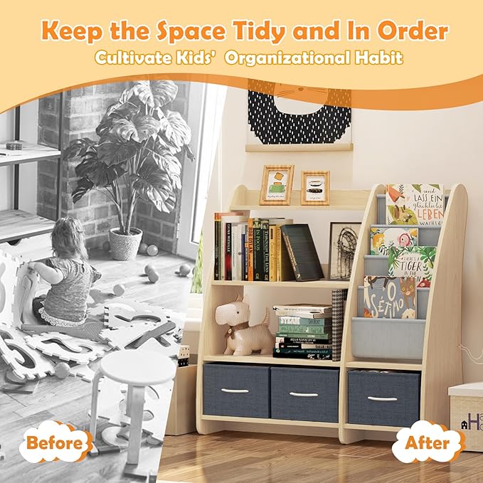 Kids Bookshelf Wood Toy Storage Organizer Cabinet Children Bookcase Toddler Baby Sling Book Rack 3 Cube Bins Sail Boat Arc Shape for Playroom Bedroom Nursery Classroom