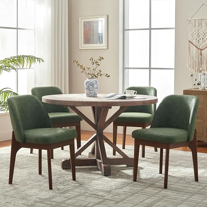 VKNOW Modern Dining Chairs Set of 6, Faux Leather Kitchen Chairs with Wood Legs, Upholstered Side Chair for Kitchen Dining Room, Green