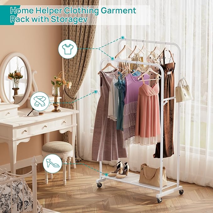 SINGAYE Clothing Rack Garment Coat Racks Drying Metal Freestanding for Hanging Clothes Portable With Wheels Closet for Laundry Bedroom White