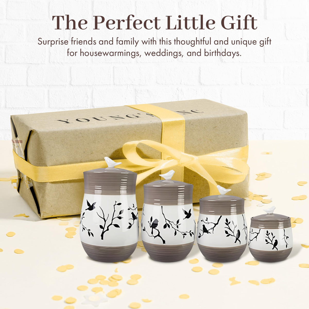 Young's Inc. 4 Pcs Set Casual Provincial Ceramic Canisters- Storage Container for Kitchen and Bathroom - Beautiful Home Decor Accent to Store Food, Coffee, Tea, and More - Green, White