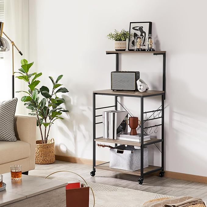 Yaheetech Kitchen Bakers Rack on Wheels(16D x 24W x 50H Inches), Microwave Stand Kitchen Cart, Rolling Coffee Bar Cart with 6 S-Side Hooks and Adjustable Feet, Utility Storage Shelf, Gray