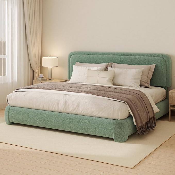 King Boucle Platform Bed Frame with Height Adjustable Headboard, Modern Upholstered Cloud Bed, Sleek Curved Design, No Box Spring Needed, Easy Assembly, Noise Free, Green