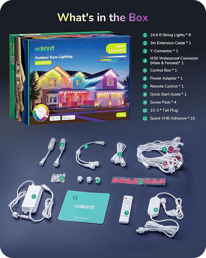 EDISHINE 200FT Cuttable Permanent Outdoor Christmas Lights PRO, 120 LED Smart RGB+IC+Warm White Eave Light, 111+ Scene Mode, App/Remote, IP67 Waterproof for House Year-Round Decor, Alexa Google Enable