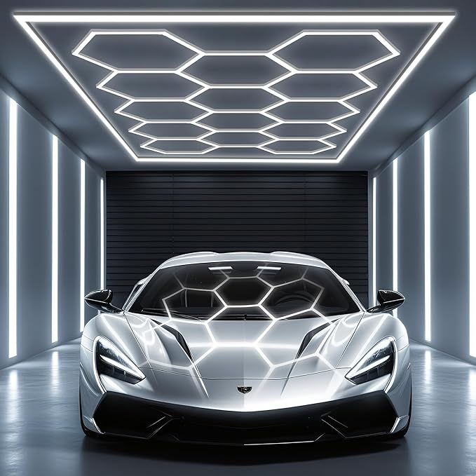 Hexagon Lights: Higher Brightness 900W, 96,200 LM, 6,500K Hexagon Garage Lights with Rectangle Frame, Hexagon LED Lights 14 Grid for Garage, Shopping Mall, Workshop