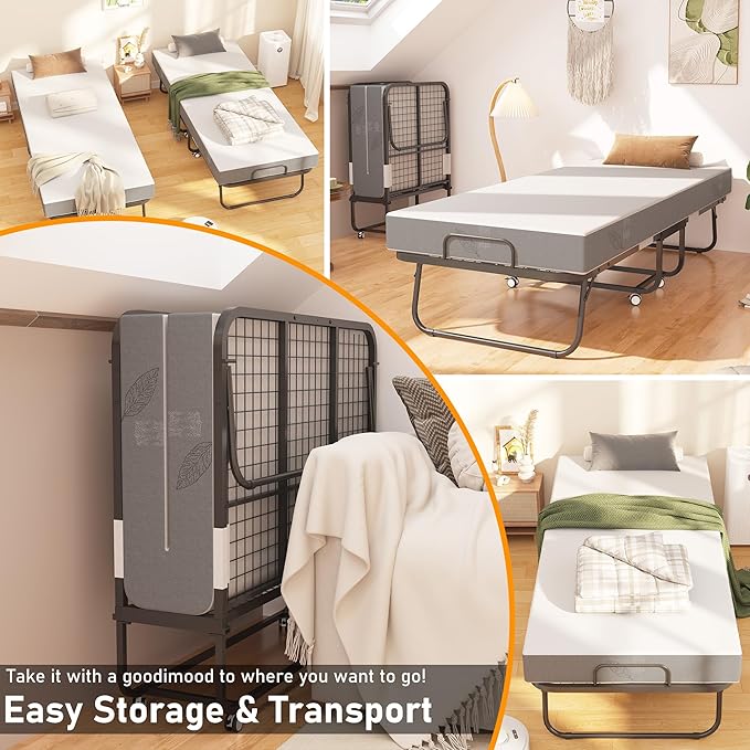 Folding Bed with Mattress, 75" x 31" Twin Size Rollaway Bed on Wheels, Foldable Metal Frame & Storage Pocket, Space-Saving Portable Cot for Adults, Home, Office, Apartment