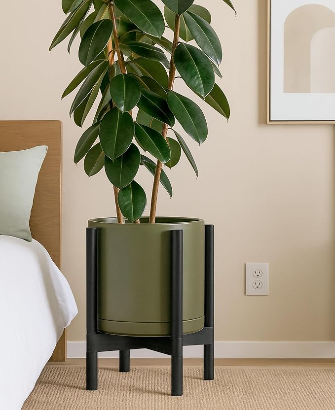 D'vine Dev Ceramic Planter with Ebony Stand - 12 Inch Modern Round Flower Pot with Wood Planter Holder, Olive, 55-B-H-J