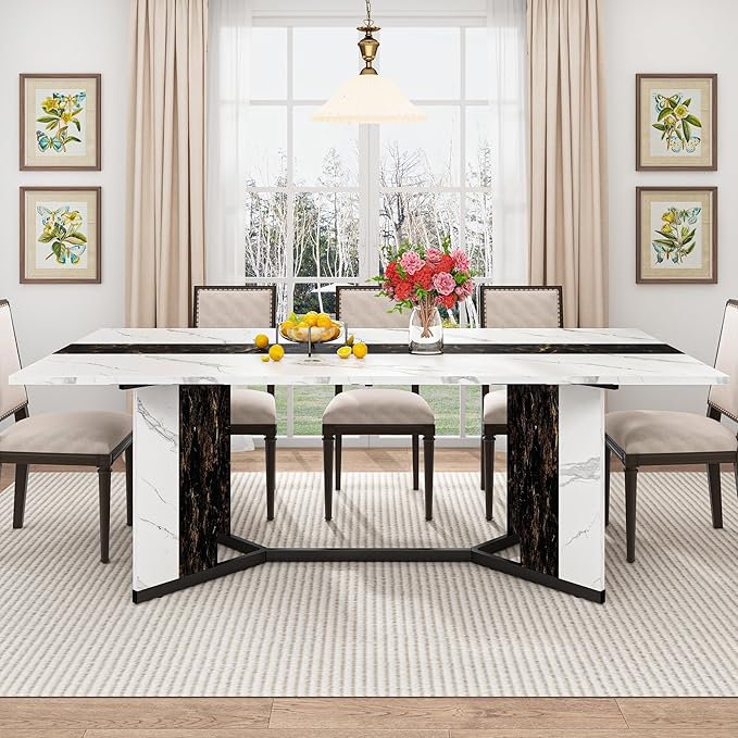 71 inch Dining Table for 4 5 6 | Modern White&Black Rectangular Kitchen Table W/Waterproof Wood Tabletop,Farmhouse Long Dining Room Tables W/Adjustable Legs&Wood Strip Base for Kitchen Living Room
