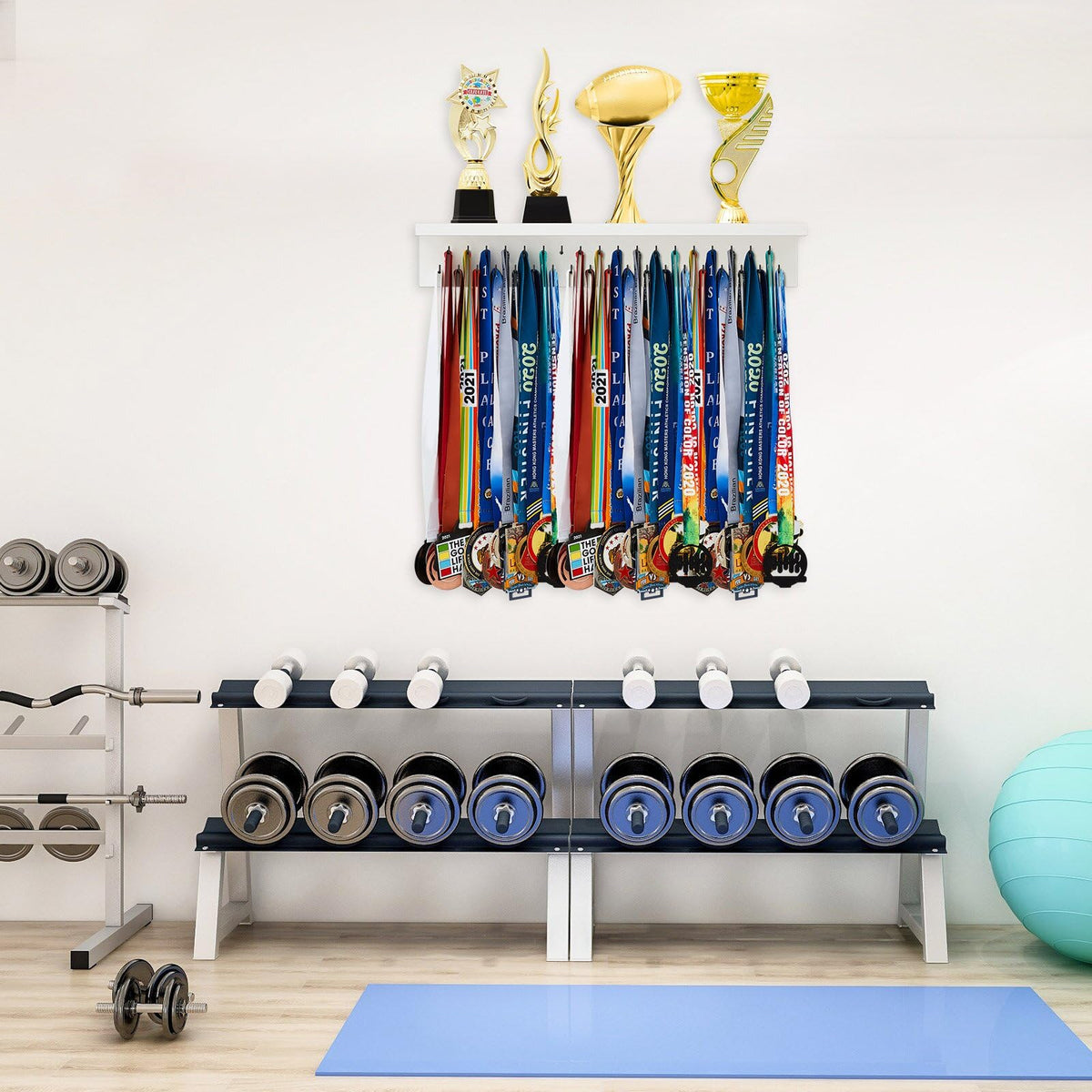 Threehoney Wooden Medal Hanger Display Trophy Holder Shelf with 25/37/49/65/83 Hooks Wall Mount Ribbon Holder Gift for Gymnastics Running Soccer Awards(2ft/24inch,White Shelf Black Hooks)