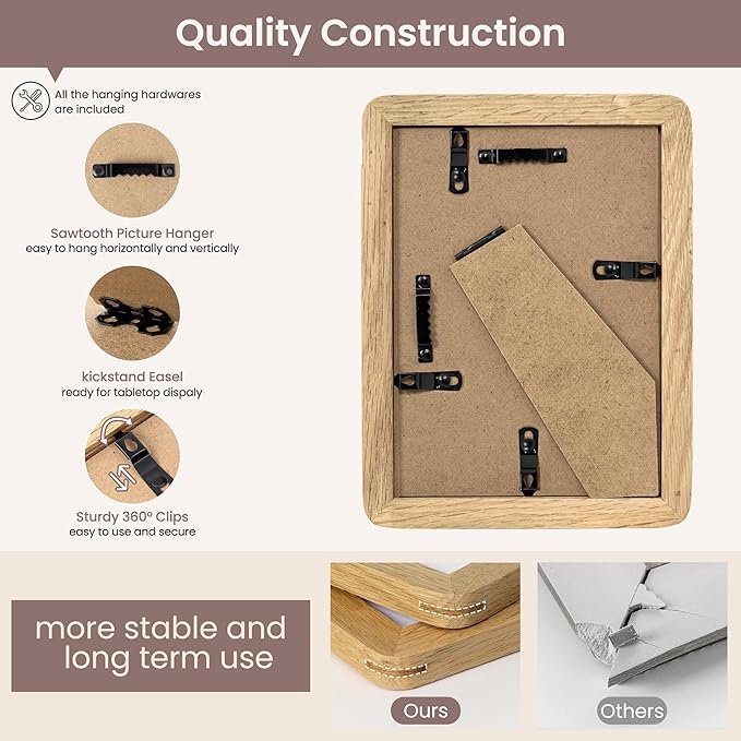 5x7 Picture Frame - Solid Oak Wood 5 x 7 Photo Frame, 5''x7'' Frame With Mat For 4x6, Tabletop and Wall Display, Hanging Hardware Included, 5 By 7 Picture Frame Wood, Natural Oak