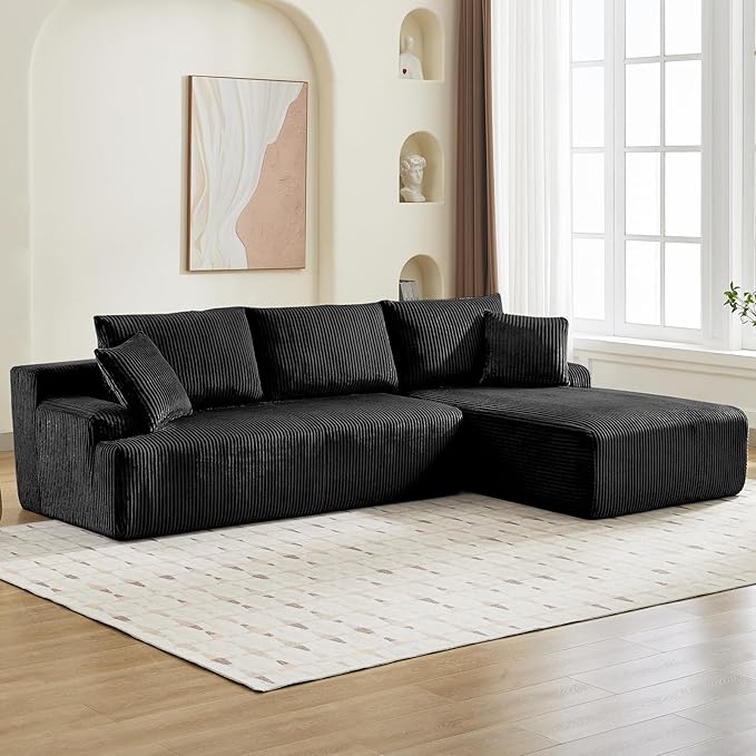 Sectional Cloud Couch for Living Room L Shaped Couch with 3 Seat Ind. Chaise Longue Corduroy Fabric Boneless Modular Modern Sofa with Pillows for Apartment and Small Space