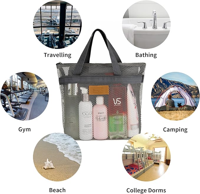 Mesh Shower Caddy Bag Portable Hanging Toiletry and Bath Organizer with Zipper for Travel, Gym, Camping, College Dorms, Beach