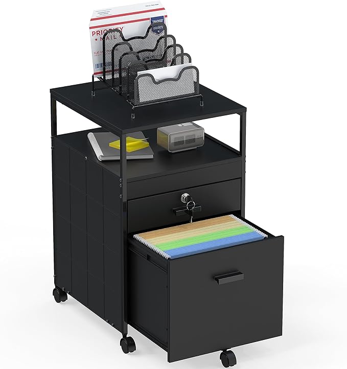 SHW Box File Rolling Mobile Cabinet with Open Shelf and Lockable Drawer, Black