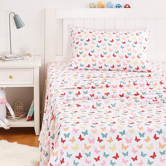 Amazon Basics Kid's Butterfly Friends Soft Easy-Wash Microfiber 3-Piece Sheet Set, Twin, Multi-Color Butterflies, Printed