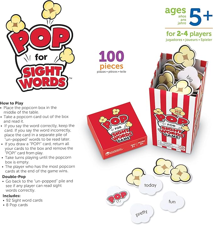 Learning Resources Pop For Sight Words Game,Vocabulary/Literacy Game, 92 Cards, Ages 5+