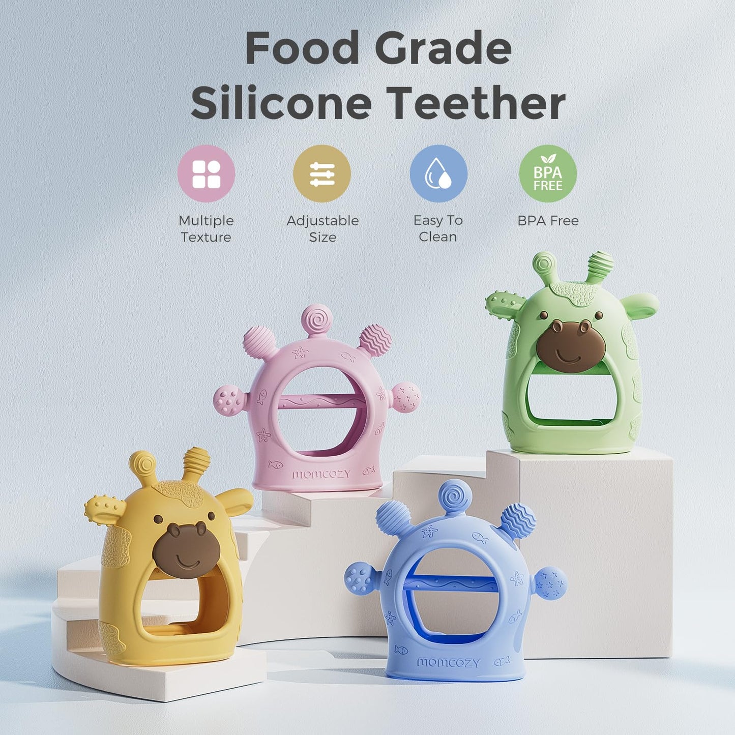 Momcozy Baby Teether Toys | Food Grade Silicone Teething Relief 0-6 Months | Toy 6-12 Months | Baby Essential | Blue