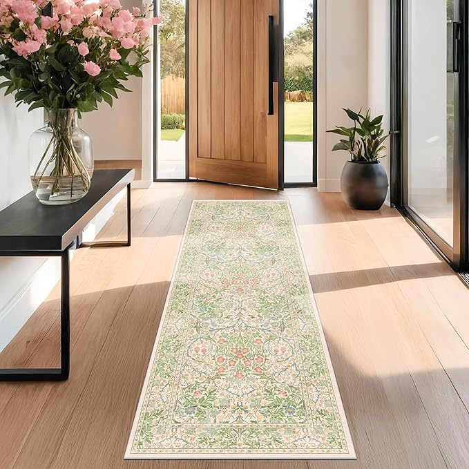 Non Slip Beige Green Bathroom Runner Rug - Long Runner Rugs 24 x 72 Washable Kitchen Floor Mat, Laundry Room Rug, Hallway Runner - Vintage Floral Design Décor (2x6 Beige Green)