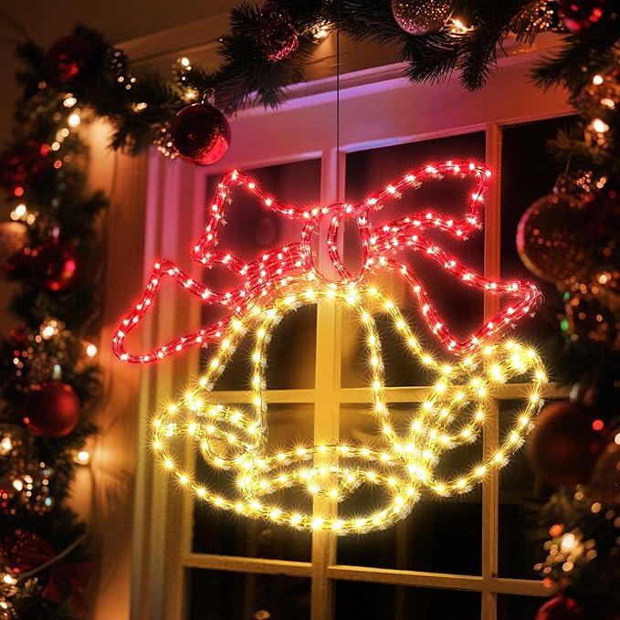 Joomer 33‘’ Christmas Lights Outdoor Bell Neon Super-Bright Large LED Christmas Light Decoration with Timer Waterproof for Outdoor Home Party Wall Hanging Holiday(Warm White & Red)
