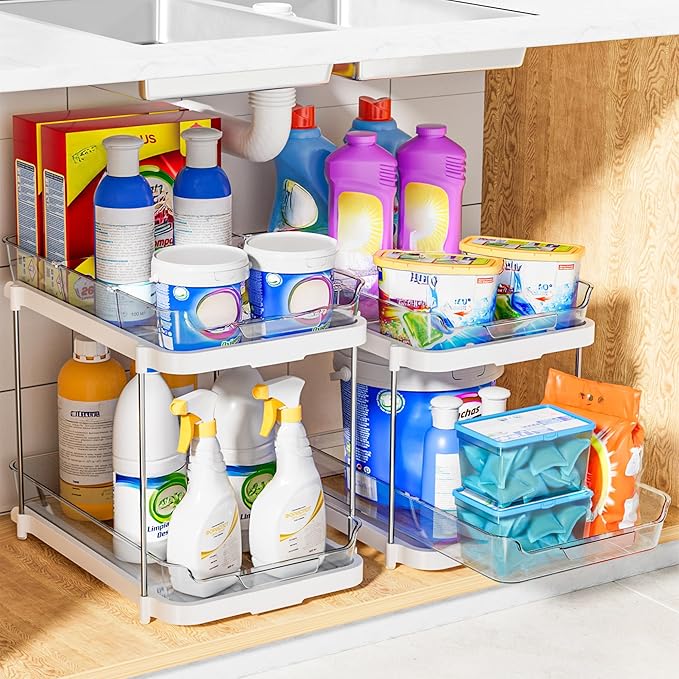 Delamu 2-Tier Multi-Purpose Bathroom Under Sink Organizers and Storage, Stackable Kitchen Pantry Organization, Pull Out Medicine Cabinet Organizer with Movable Dividers, White, 2 Pack
