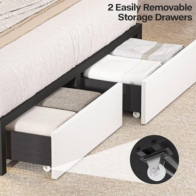 Full Size Bed Frame with Bookcase Headboard and Storage Drawers, 51.2" Metal Platform Full Bed Frame with Charging Station and LED Lights, Velvet Upholstered Tufted Bed Frames, White