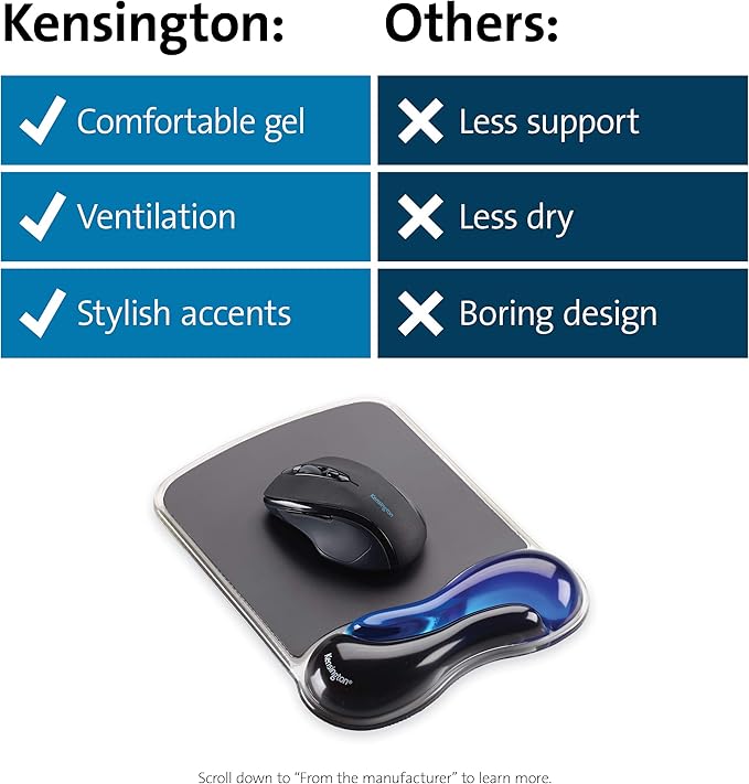 Kensington Duo Gel Mouse Pad with Wrist Rest, Ergonomic Wrist Support for Pain Relief, Comfortable Non-Skid Gel Pad for Computer, Laptop, Office & Home 9.6" x 7.6", Blue K62401AM